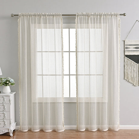 French Voile Curtains  Sheer Beige With Tassel Trim - Product showcase