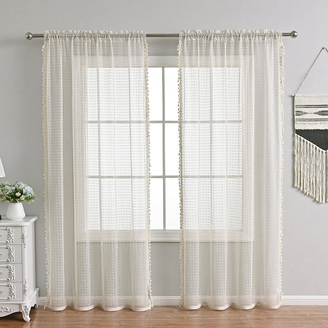 French Voile Curtains  Sheer Beige With Tassel Trim - Product showcase