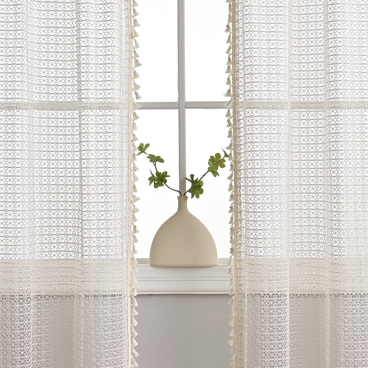 French Voile Curtains  Sheer Beige With Tassel Trim - Detailed view