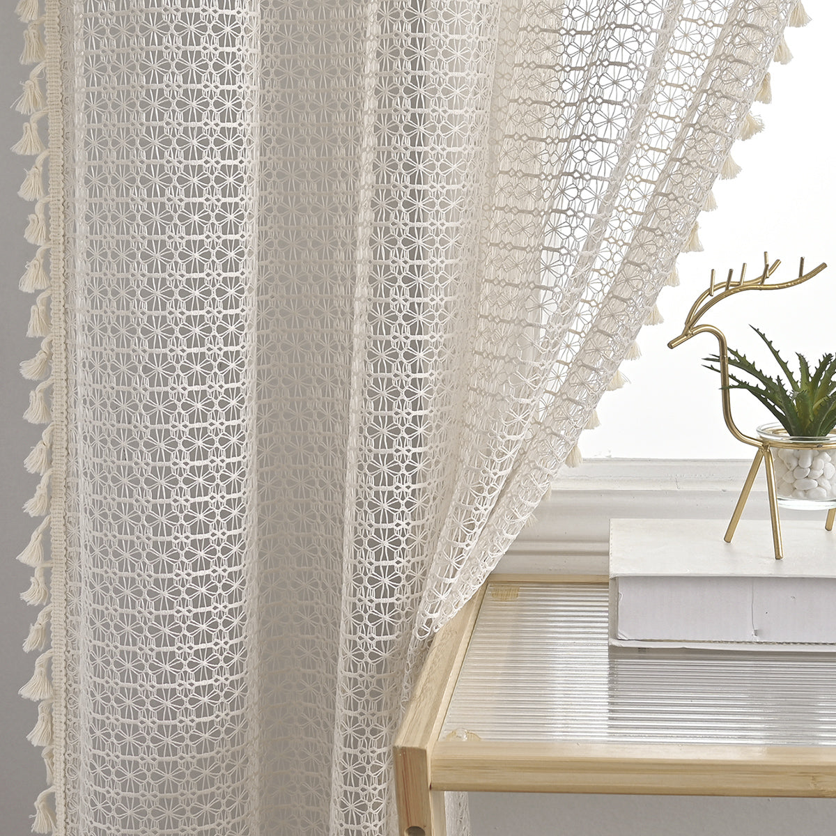 French Voile Curtains  Sheer Beige With Tassel Trim - Product detail 4