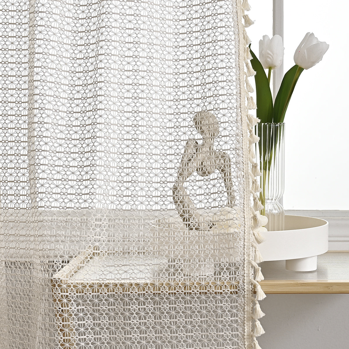 French Voile Curtains  Sheer Beige With Tassel Trim - Product detail 5