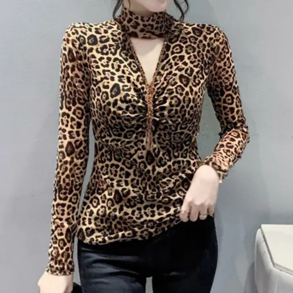 Leopard Print Mesh Top  Choker Neck Design - Detailed view