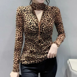 Leopard Print Mesh Top  Choker Neck Design - Detailed view