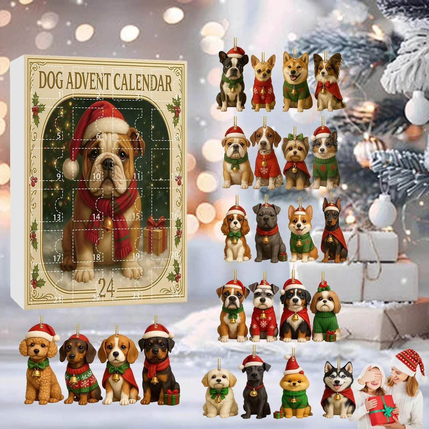 Christmas Dog Advent Calendar  24 Festive Puppy Ornaments - Detailed view