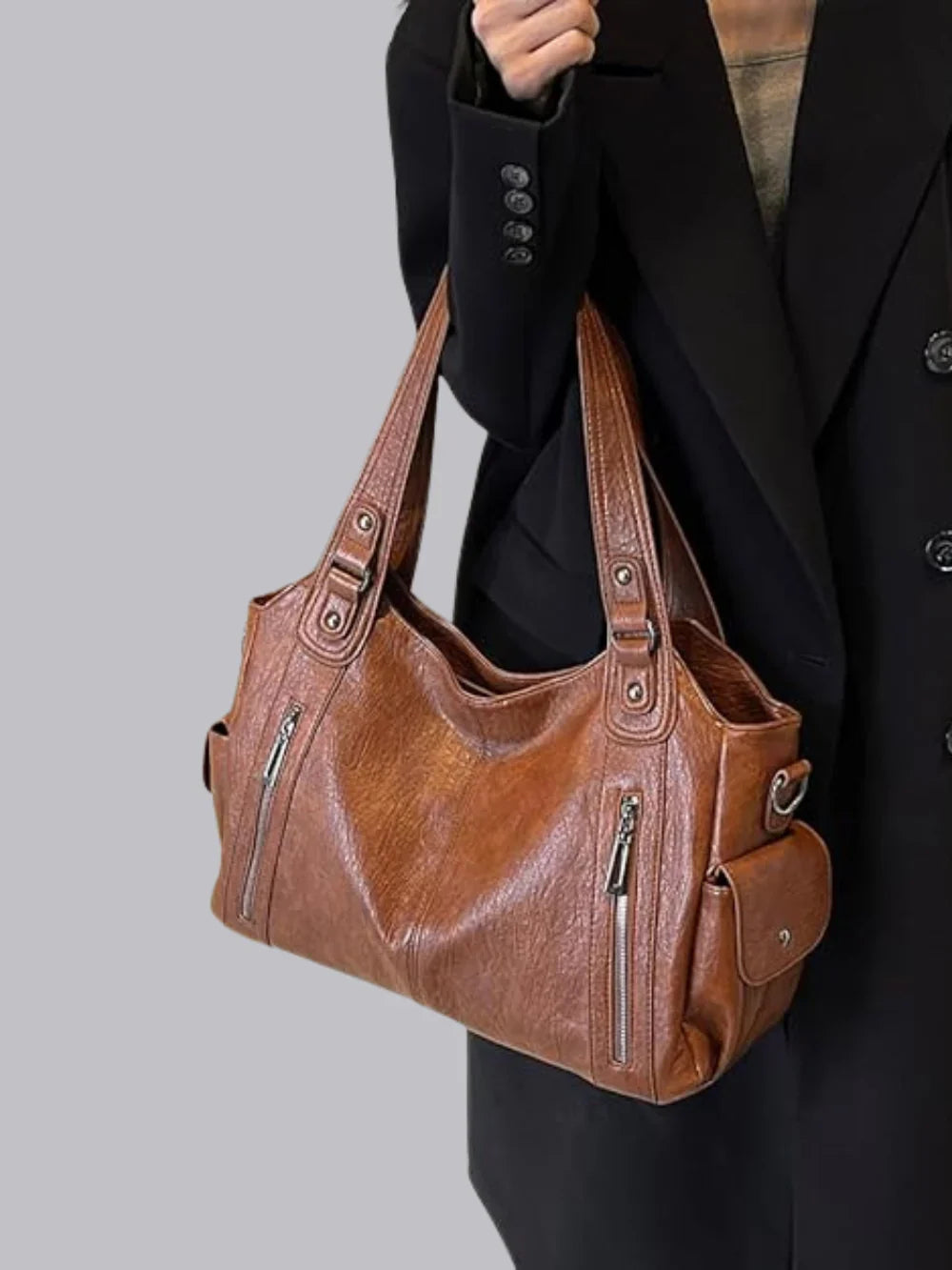 Vintage Leather Shoulder Bag  Cognac Brown with Zipper Details - Product detail 8