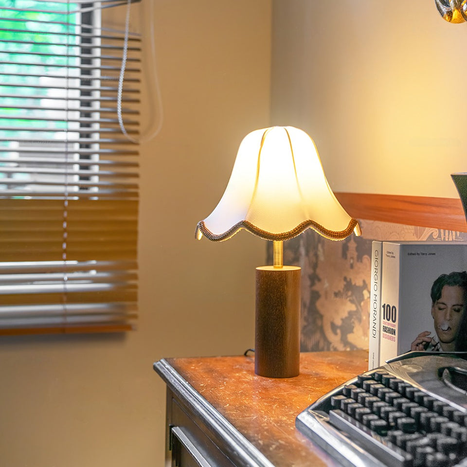 Vintage Table Lamp  Scalloped Shade With Wooden Base - Product example