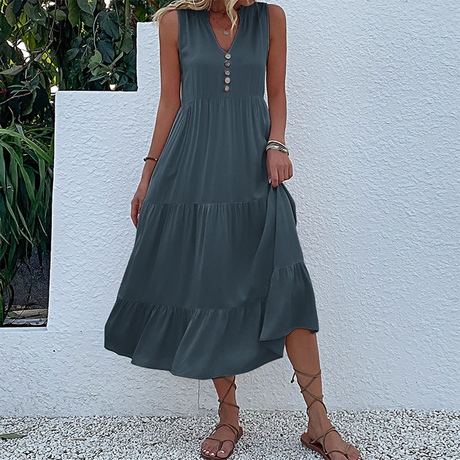 Bohemian Summer Dress  V-Neck Tiered Maxi with Button Detail - Product detail 10