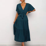 Elegant Wrap Midi Dress  Flutter Sleeve V-Neck Design - Detailed view