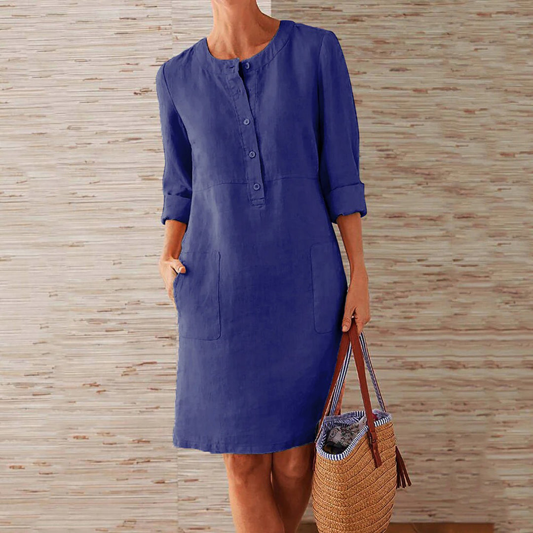 Linen Summer Shift Dress  Button-Front Roll-Up Sleeves - Product detail 12