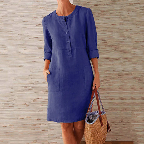 Linen Summer Shift Dress  Button-Front Roll-Up Sleeves - Product detail 12