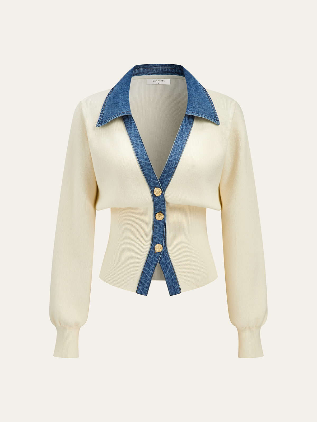 Denim Collar Knit Top  V-Neck Metal Button Cardigan - Product showcase