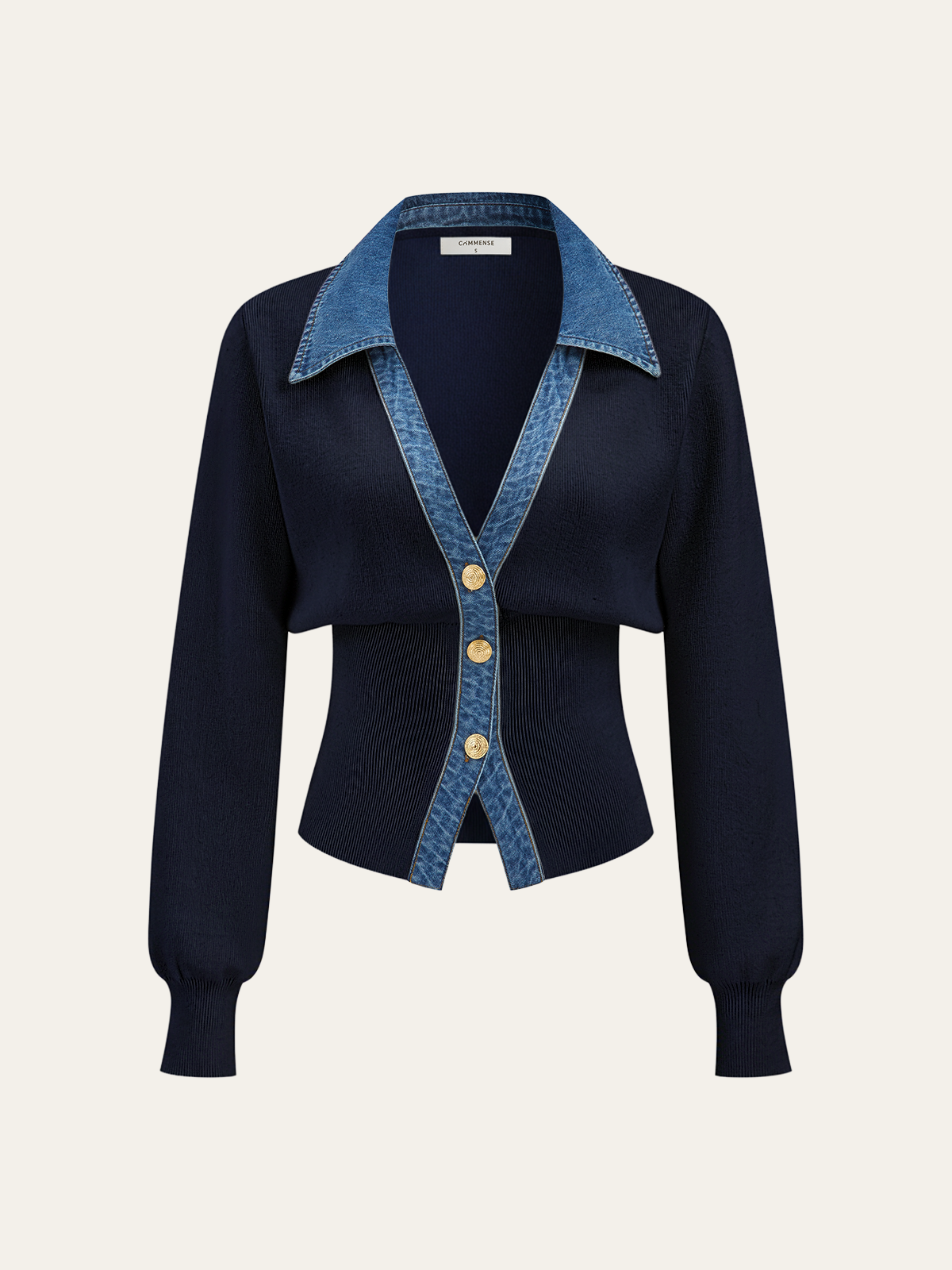 Denim Collar Knit Top  V-Neck Metal Button Cardigan - Product detail 5