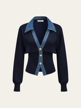 Denim Collar Knit Top  V-Neck Metal Button Cardigan - Product detail 5