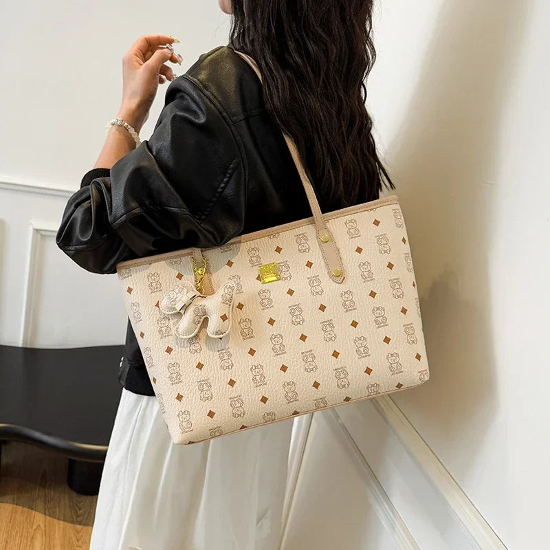 Designer Leather Tote Bag  Vintage Pattern Print With Gold Accents - Product showcase