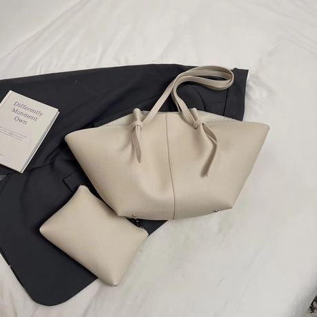 Minimalist Leather Tote Bag  Double Compartment Design - Detailed view