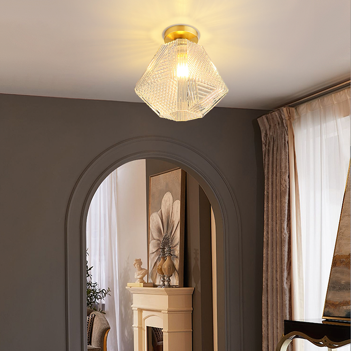 Art Deco Ceiling Light  Diamond-Cut Glass  Brass Design - Detailed view