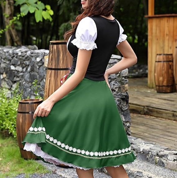 Traditional Dirndl Dress  Bavarian Green with Lace Trim - Detailed view