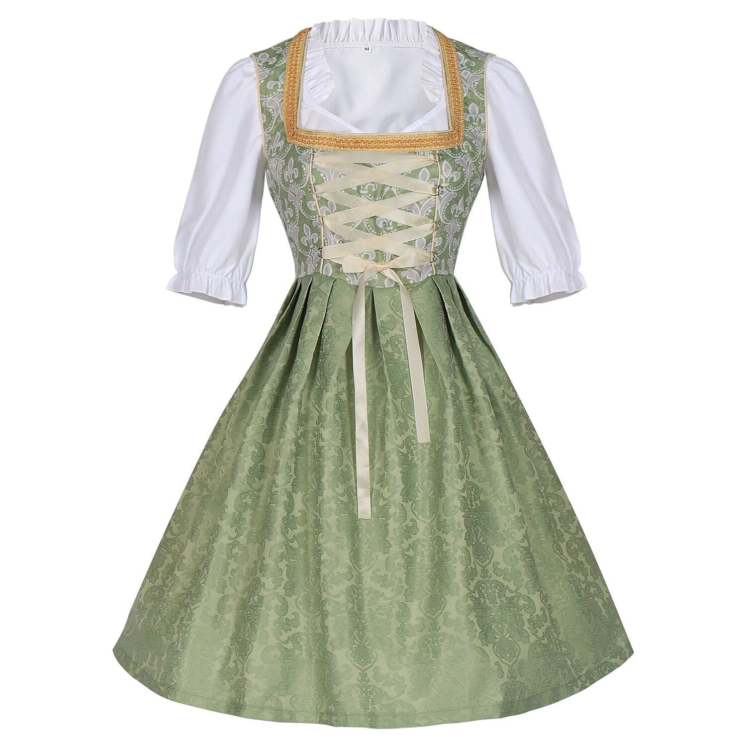 Traditional Dirndl Dress | Sage Green Brocade with Gold Trim LaCasaDellaFibra Traditional Dirndl Dress | Sage Green Brocade with Gold Trim LaCasaDellaFibra