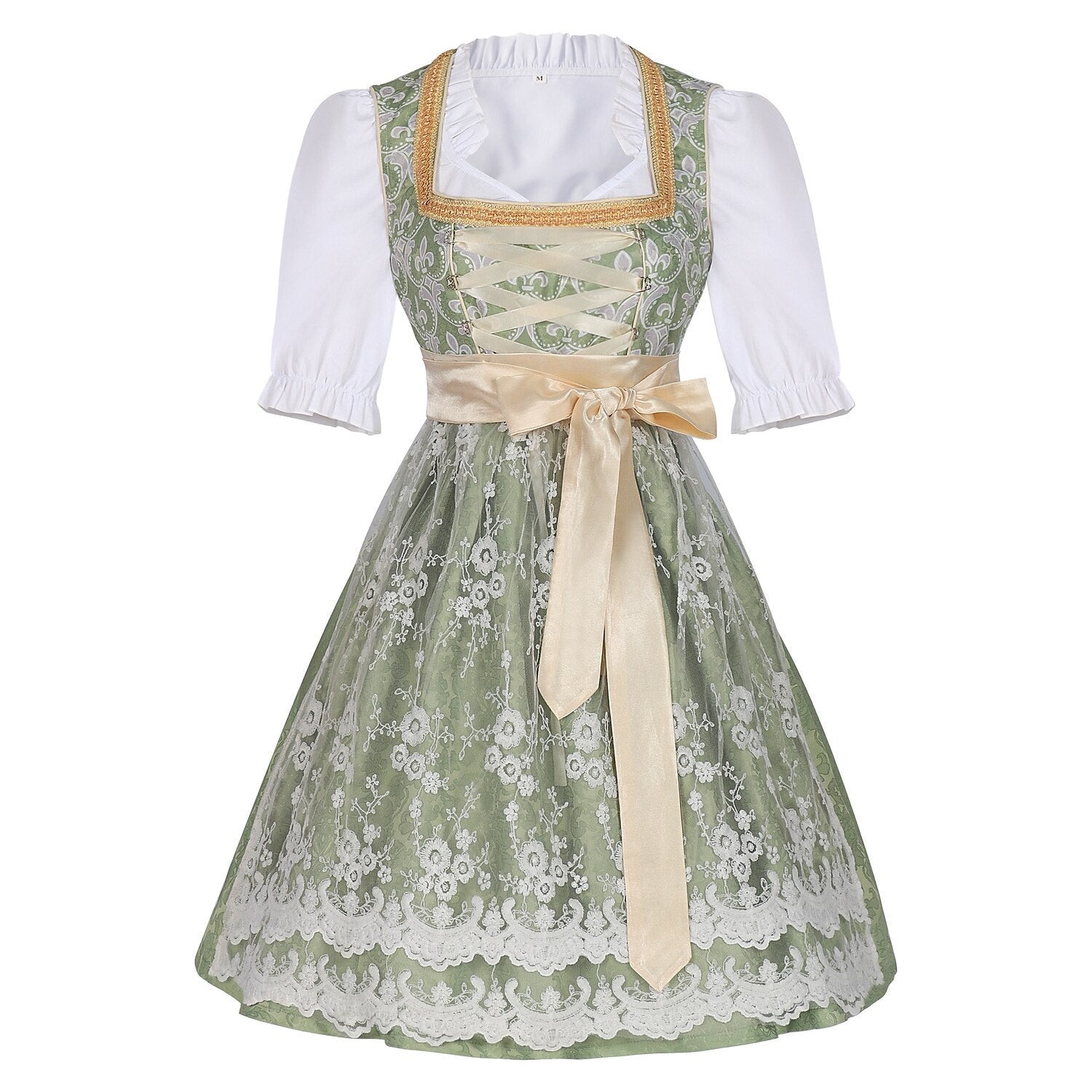 Traditional Dirndl Dress | Sage Green Brocade with Gold Trim LaCasaDellaFibra Traditional Dirndl Dress | Sage Green Brocade with Gold Trim LaCasaDellaFibra