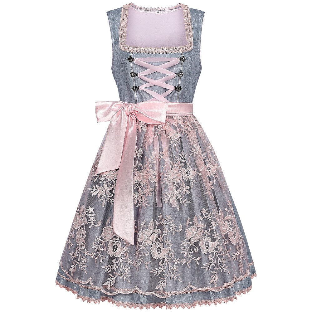 Traditional Dirndl Dress  Grey Floral Lace with Pink Satin Accents - Product showcase
