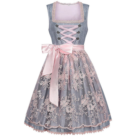 Traditional Dirndl Dress  Grey Floral Lace with Pink Satin Accents - Product showcase
