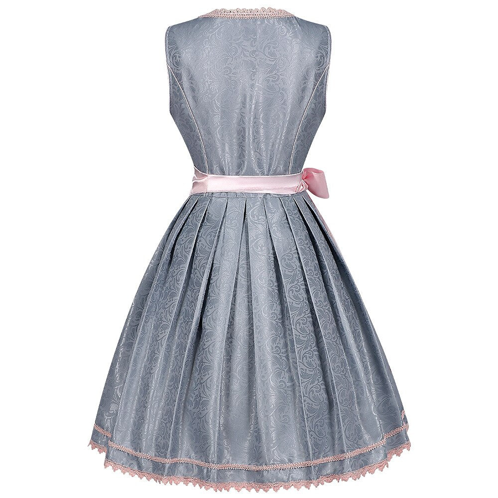 Traditional Dirndl Dress  Grey Floral Lace with Pink Satin Accents - Detailed view