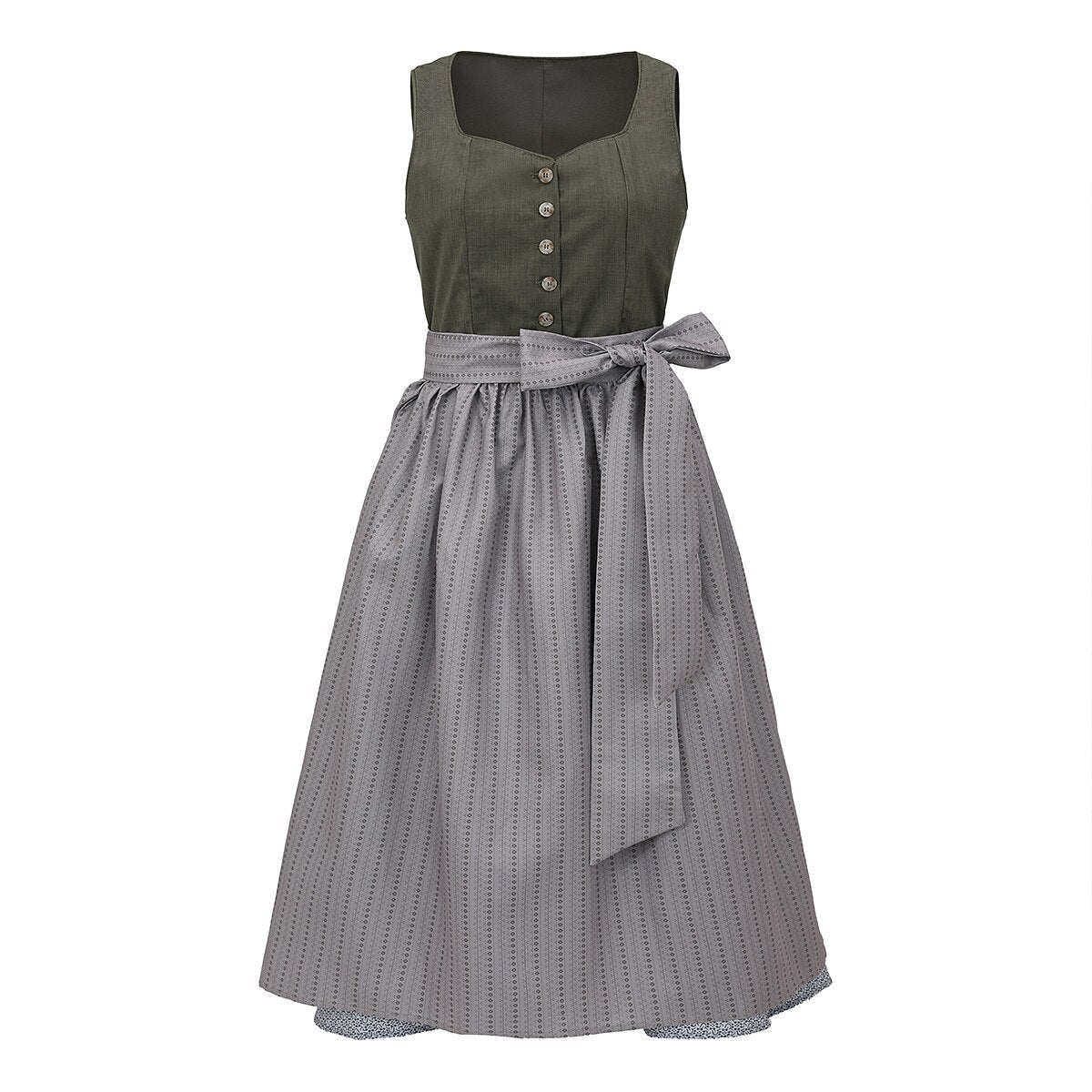 Traditional Dirndl Dress  Olive Green Bodice With Gray Apron - Detailed view
