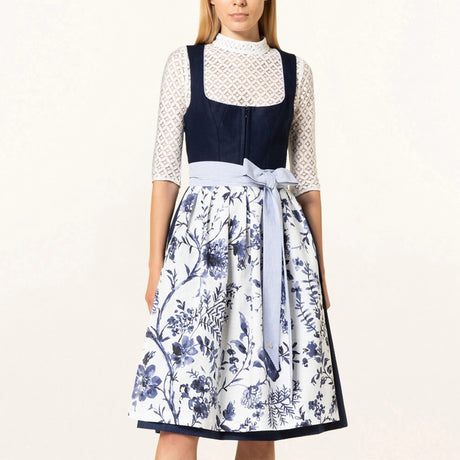 Traditional Dirndl Dress  Navy Floral Pattern with Lace Blouse - Product showcase