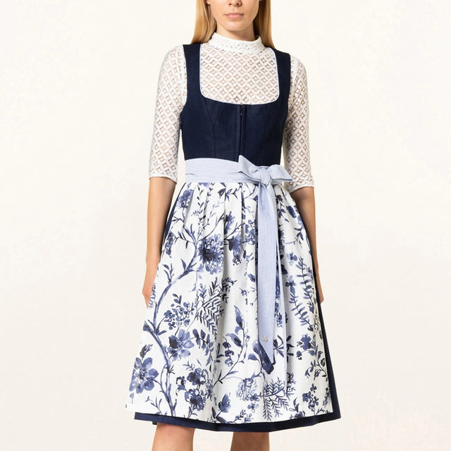 Traditional Dirndl Dress  Navy Floral Pattern with Lace Blouse - Product showcase
