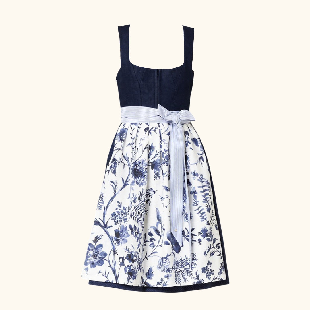 Traditional Dirndl Dress  Navy Floral Pattern with Lace Blouse - Detailed view