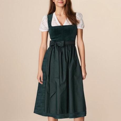 Traditional Dirndl Dress  Dark Green Velvet With White Lace Blouse - Product showcase