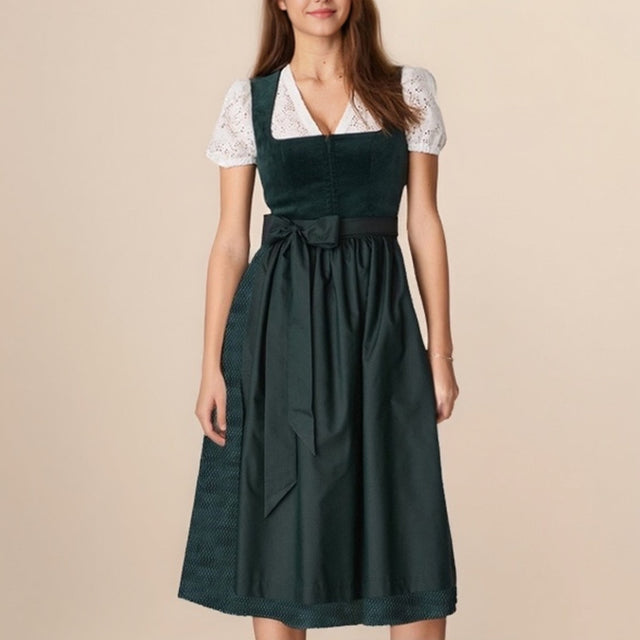 Traditional Dirndl Dress  Dark Green Velvet With White Lace Blouse - Product showcase