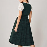 Traditional Dirndl Dress  Dark Green Velvet With White Lace Blouse - Detailed view