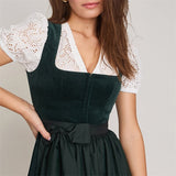 Traditional Dirndl Dress  Dark Green Velvet With White Lace Blouse - Product example