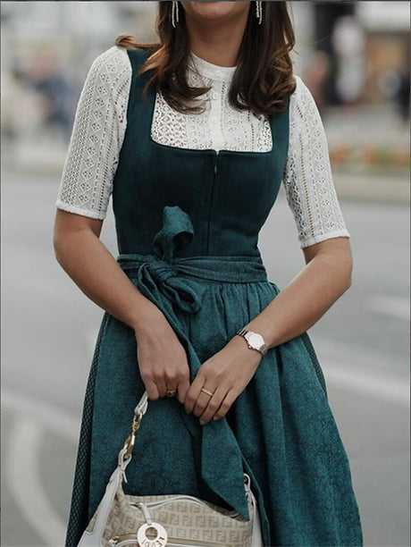 Traditional Dirndl Dress  Dark Green Velvet With White Lace Blouse - Product detail 4