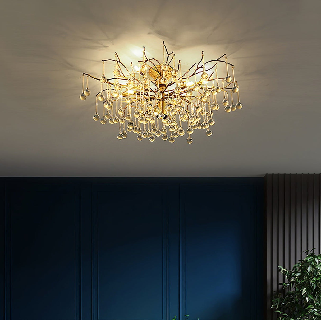 Crystal Glass Ceiling Light  Brass Frame with Droplet Pendants - Product detail 11