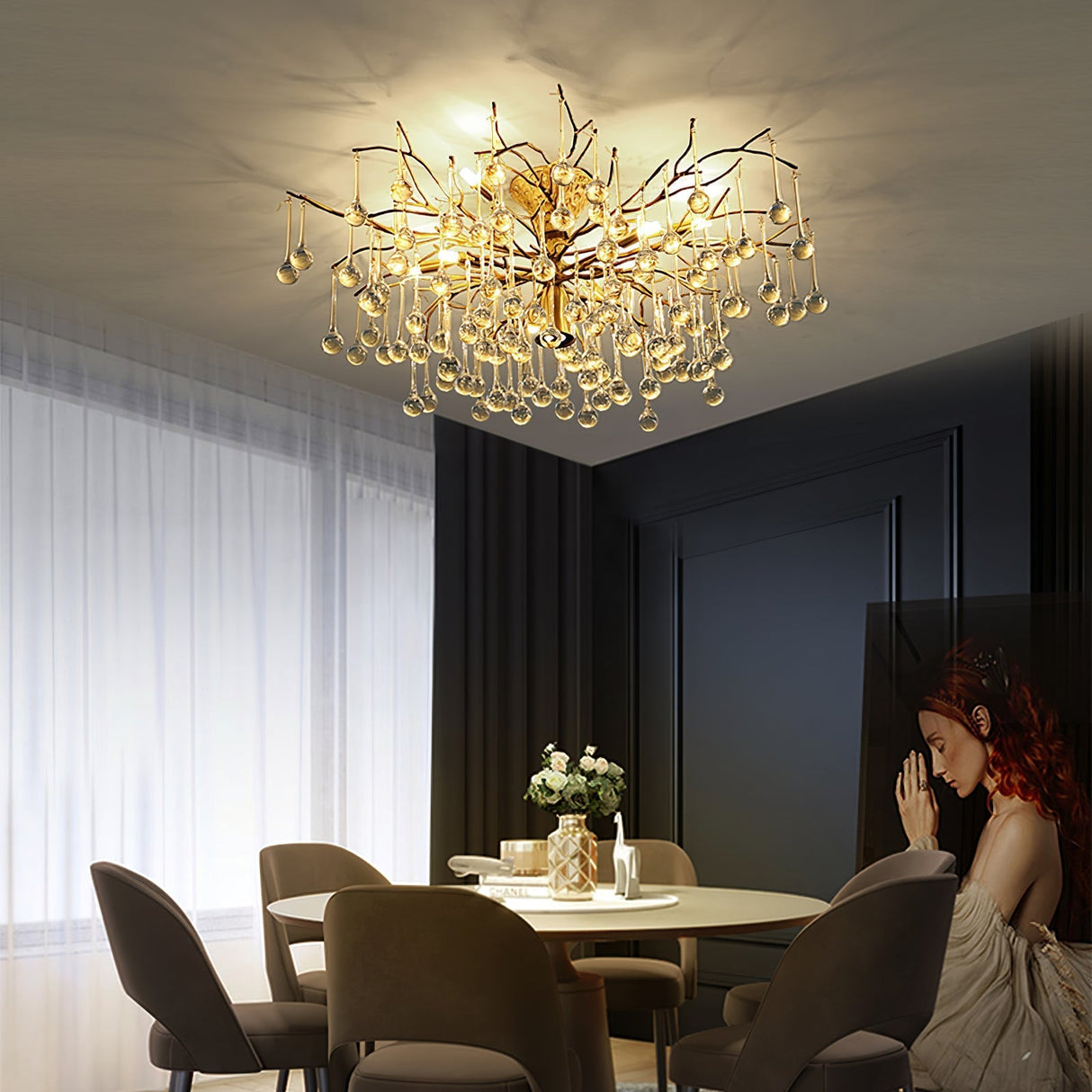 Crystal Glass Ceiling Light  Brass Frame with Droplet Pendants - Product detail 15