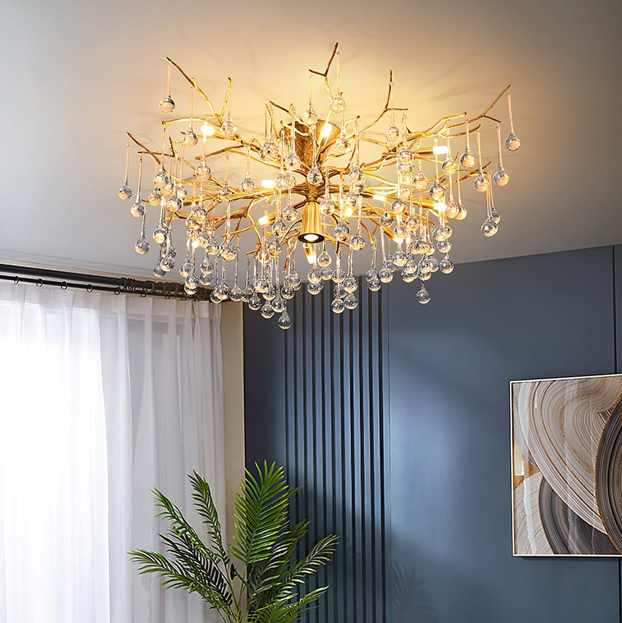 Crystal Glass Ceiling Light  Brass Frame with Droplet Pendants - Detailed view