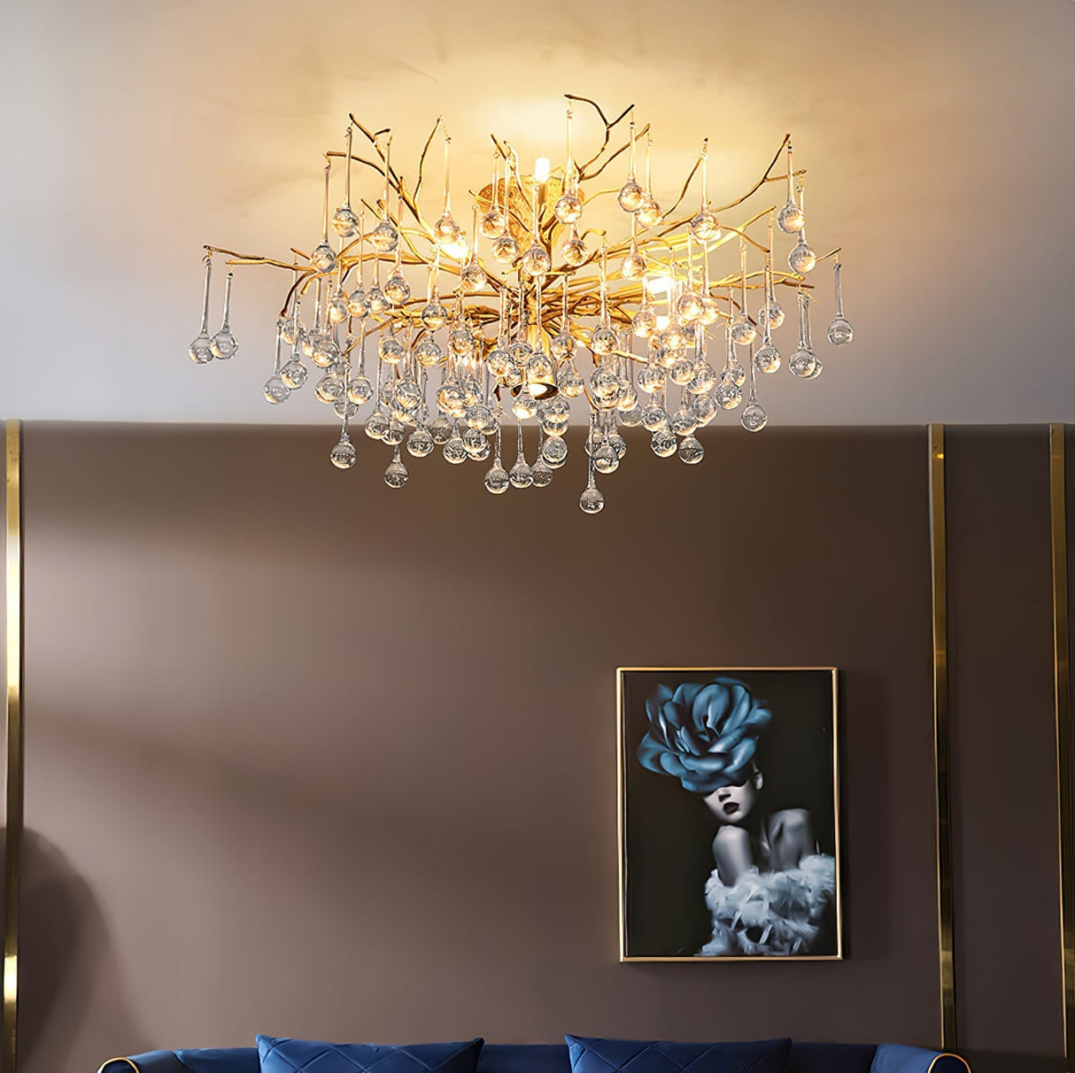 Crystal Glass Ceiling Light  Brass Frame with Droplet Pendants - Product example