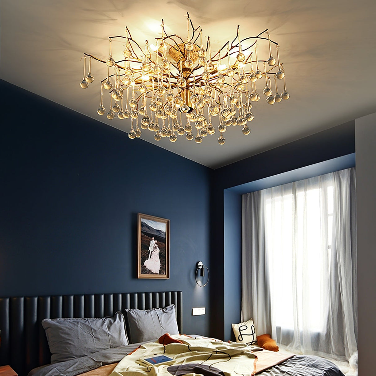 Crystal Glass Ceiling Light  Brass Frame with Droplet Pendants - Product detail 7