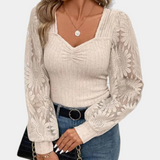 Floral Lace Top  Ribbed Sweetheart Neckline With Embroidered Sleeves - Product detail 5
