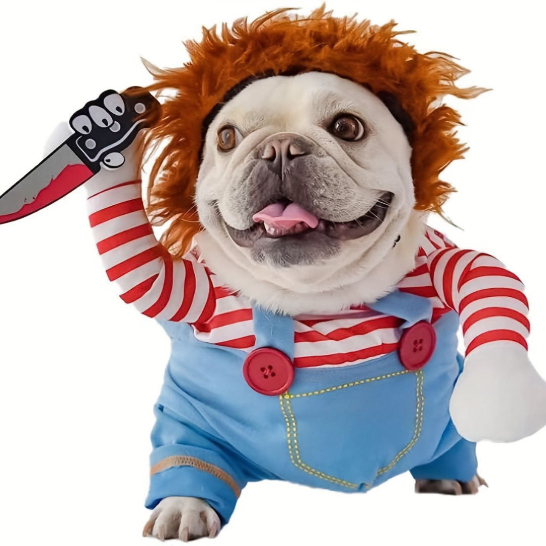 Pet Halloween Costume  Striped Overalls with Wig Design - Product showcase