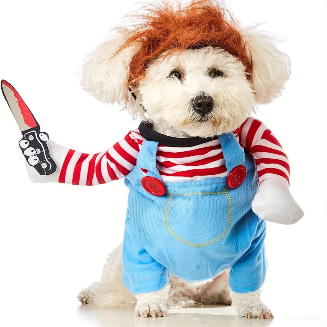 Pet Halloween Costume  Striped Overalls with Wig Design - Product detail 4