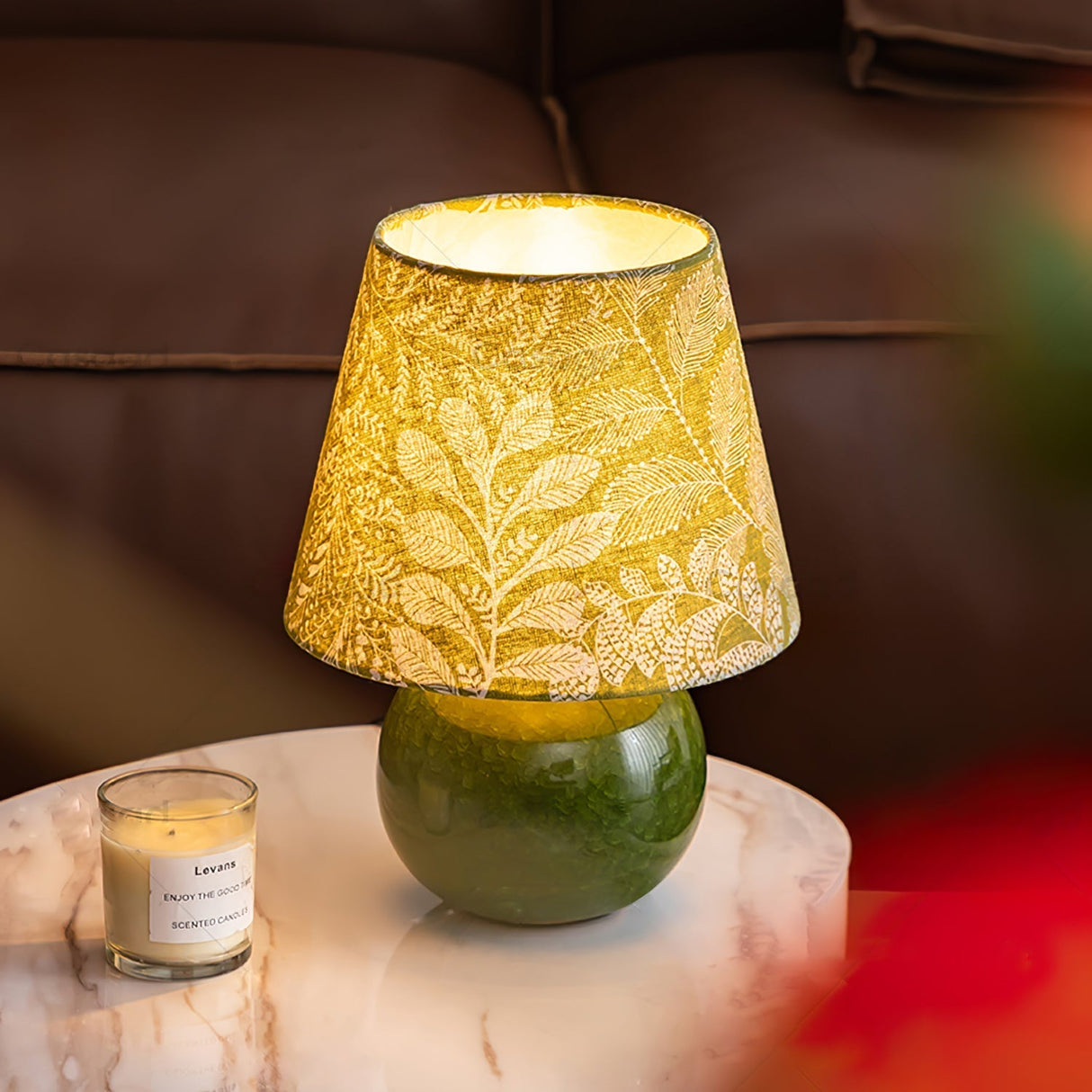Botanical Table Lamp  Green Ceramic Base With Leaf Pattern Shade - Detailed view