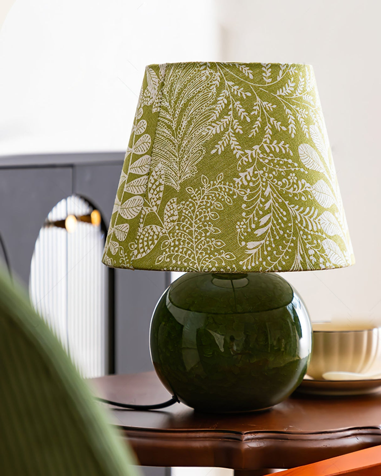 Botanical Table Lamp  Green Ceramic Base With Leaf Pattern Shade - Product example