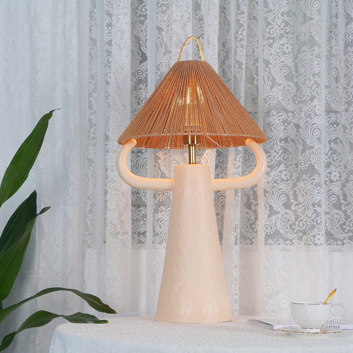Ceramic Table Lamp  Raffia Shade Natural Design - Detailed view
