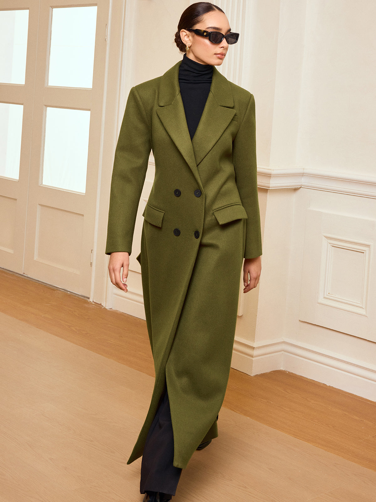 Double Breasted Long Coat  Olive Green Wool Blend - Product detail 4