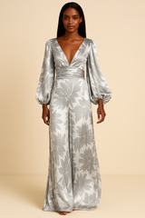 Floral Maxi Dress  Green Botanical V-Neck Design with Balloon Sleeves - Product detail 5