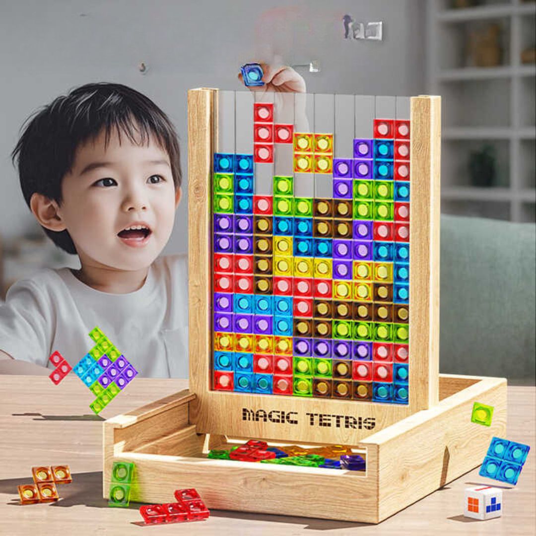 Wooden Tetris Board Game  Colorful Educational Puzzle Set - Detailed view