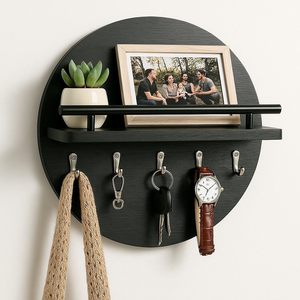Round Wall Key Holder  Dark Wood Grain with Display Shelf - Product showcase